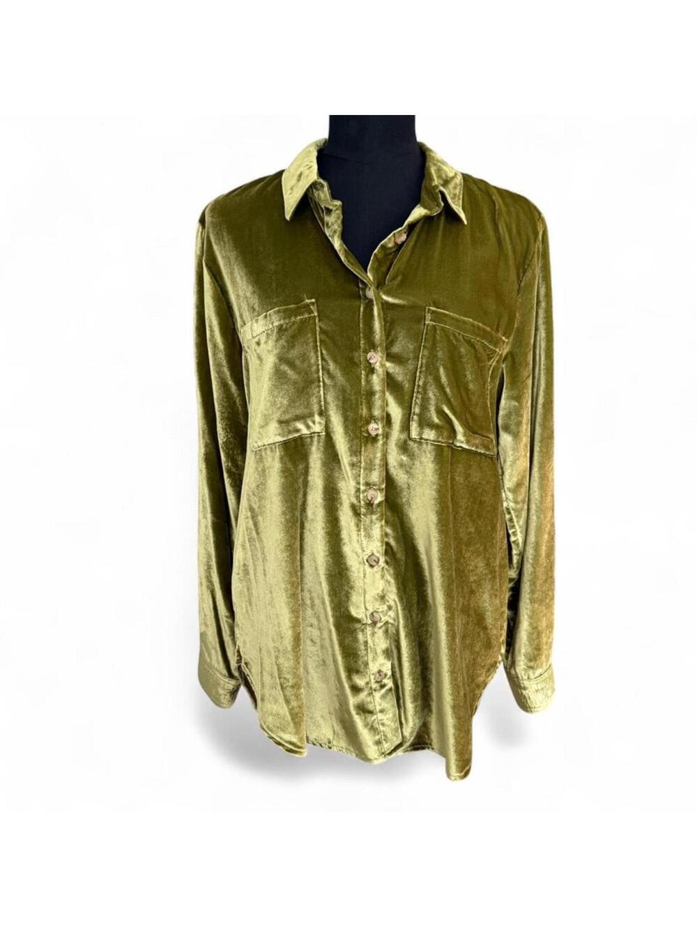 Pilcro Chartreuse Green Velvet Button Up Shirt size Medium